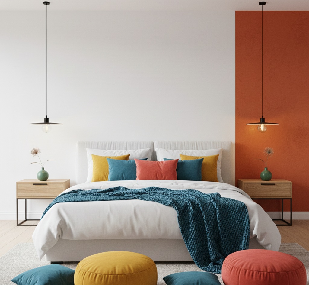 Colorful Modern Bedroom With Bold Accents and Cozy Textures