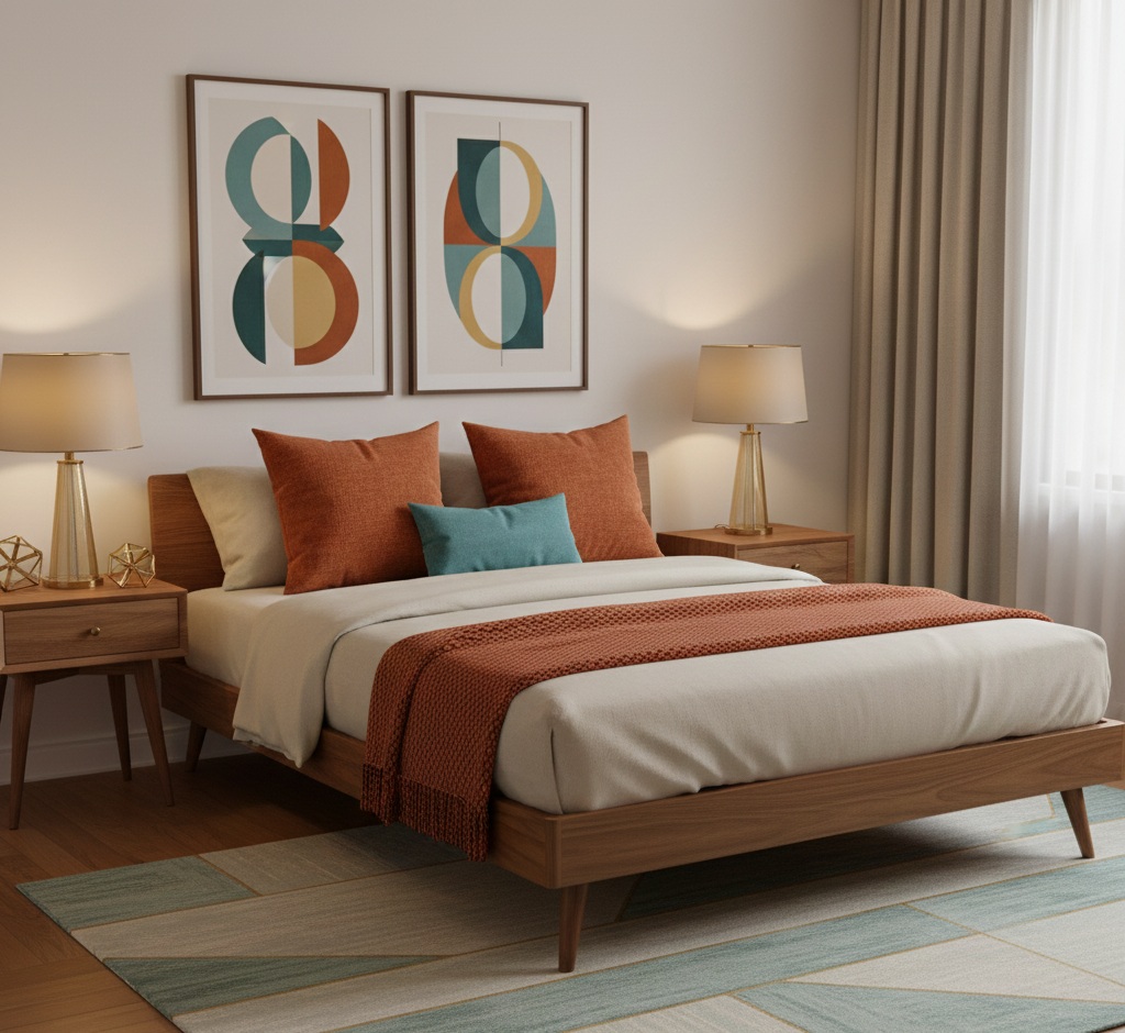 Mid Century Modern Bedroom With Warm Earthy Tones