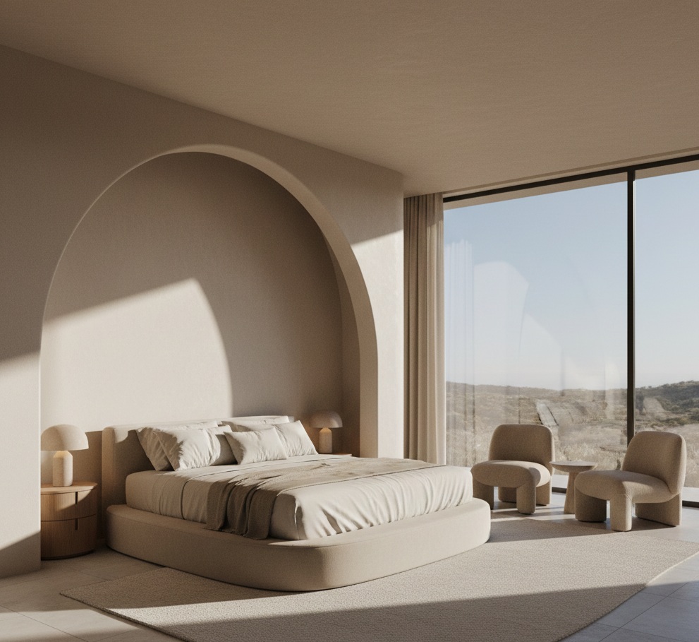 Modern Cozy Bedroom With Soft Neutrals and Sculptural Architecture