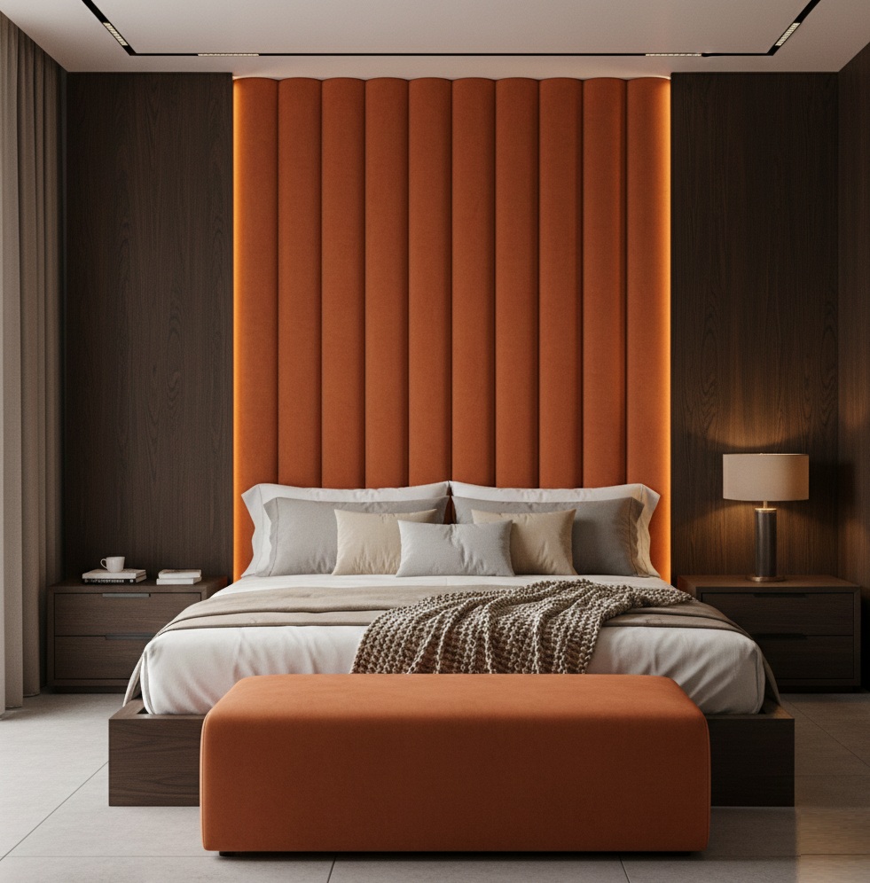 Modern Luxury Bedroom With Bold Burnt Orange Headboard