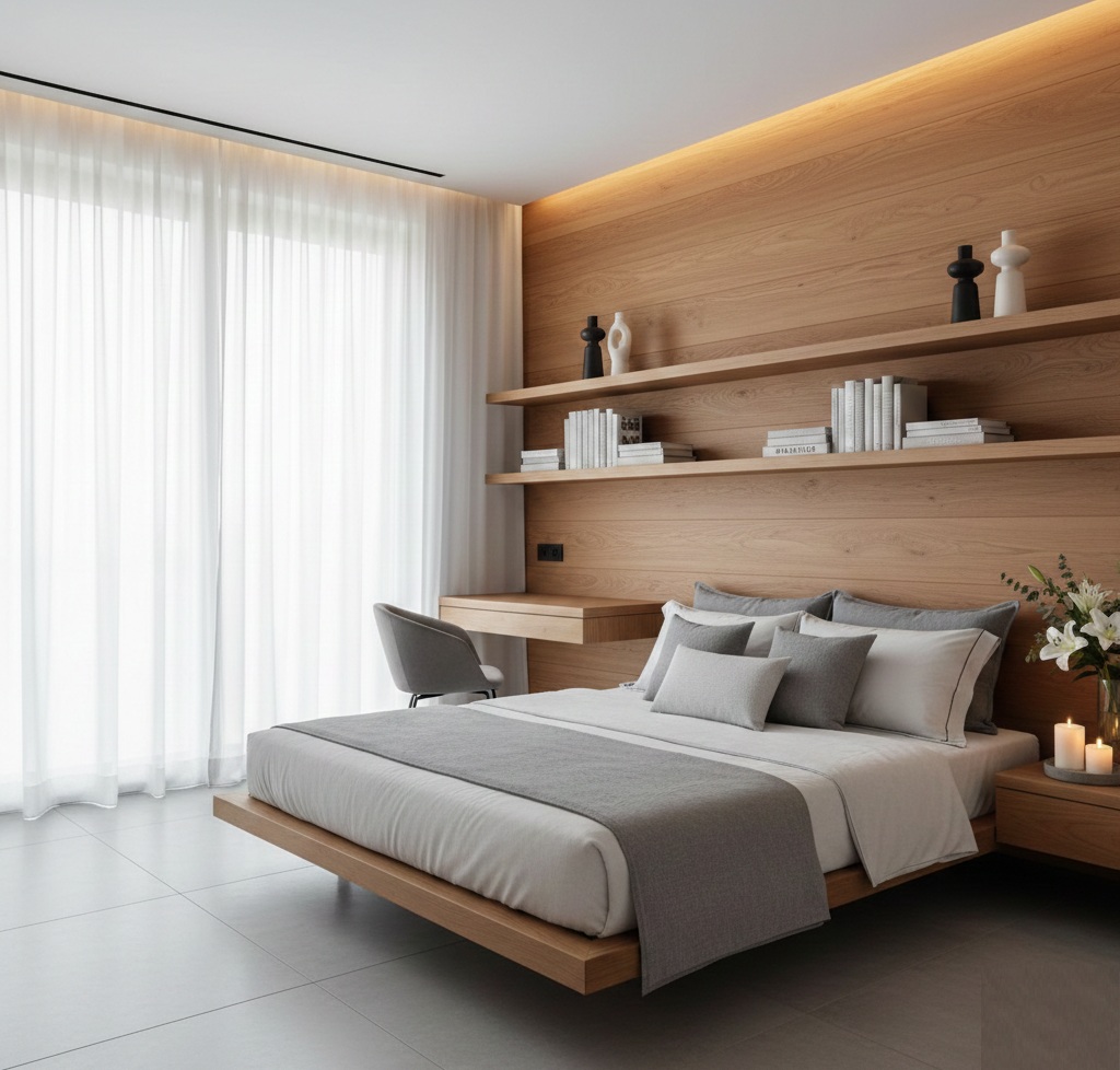 Modern Minimalist Bedroom With Natural Wood Accents