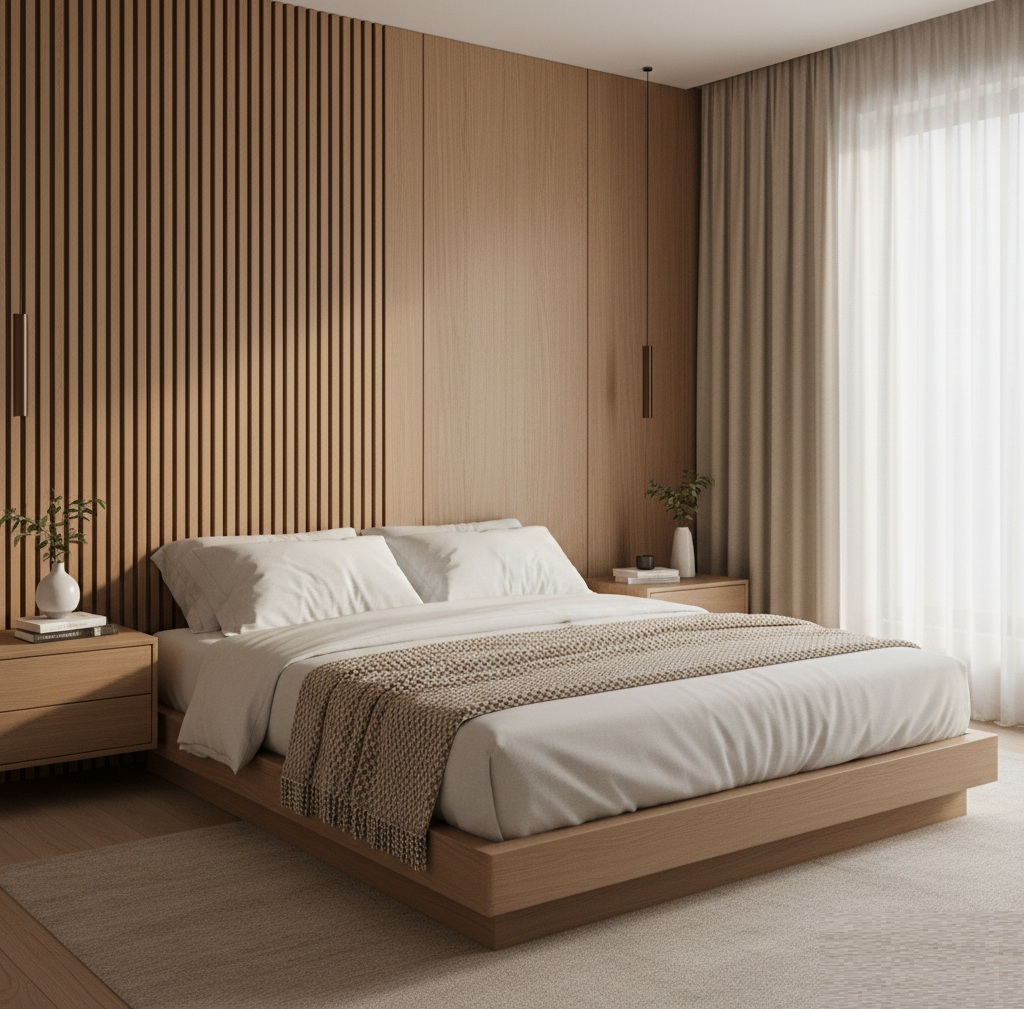 Warm Modern Bedroom With Natural Wood and Neutral Tones