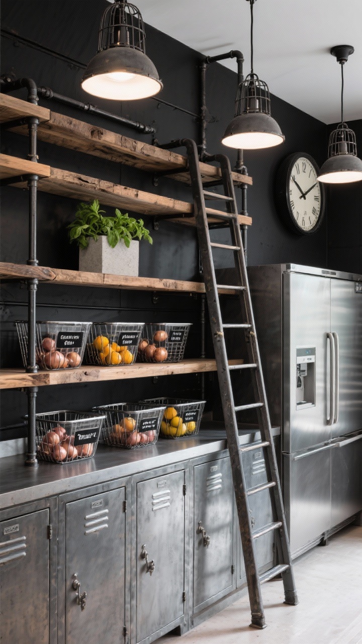 Angle shot of an industrial pantry wall: black steel pipe shelving with rough-sawn oak planks, a sliding library ladder on a matching rail; locker-style lower cabinets in galvanized steel tones hiding appliances; open shelves organized with clear bins bearing bold black labels, metal mesh baskets for onions and citrus; overhead trio of factory cage pendants casting gritty, directional light; oversized wall clock and a small concrete planter with basil; palette of black, oak, and galvanized steel with crisp, high-contrast atmosphere.