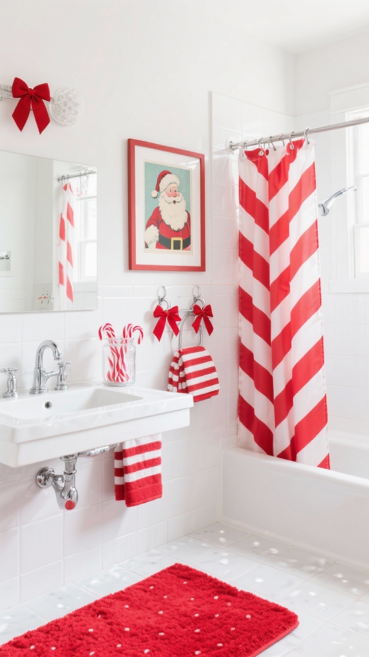 Bright “Candy Cane Classic” wide shot: glossy white tile walls and fresh white vanity set the base. Red-and-white striped towels, a bold red bath mat, and a clear apothecary jar filled with candy canes on the counter. Shower curtain rings each tied with red bows, and a framed vintage Santa print on the wall. A few silver accents for shine; playful patterns include stripes and polka dots in accessories. Crisp, cheerful daylight. Straight-on room view emphasizing the red-and-white pop.