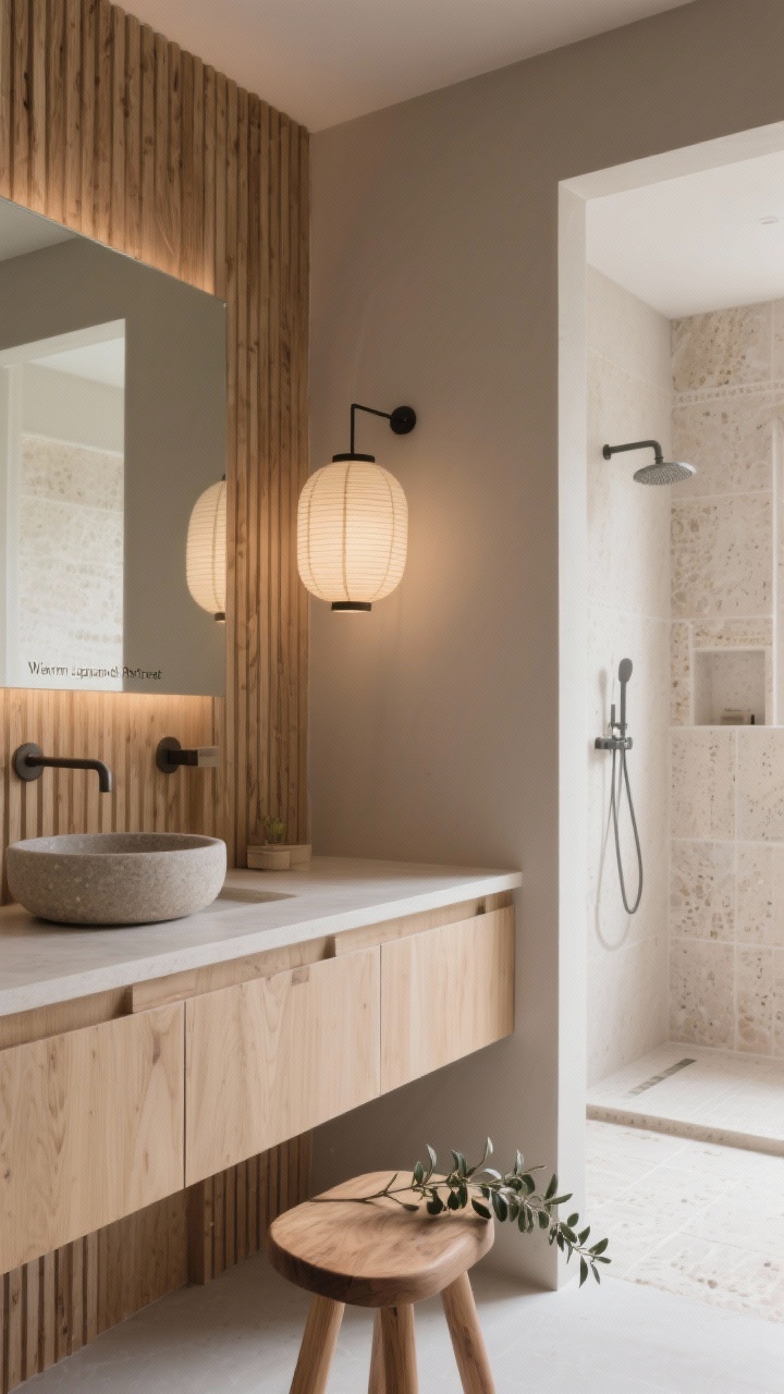 Calm “Warm Japandi Retreat” detail shot focusing on textures: light oak slat panels on the vanity wall, soft taupe painted wall adjacent; floating cabinet with hidden finger pulls topped by a rounded matte-stone vessel sink; nearby simple rice-paper-style sconce casting warm diffused light; glimpse of curbless walk-in shower with large-format limestone-look porcelain and minimal grout lines; wooden bath stool with a small sprig of eucalyptus; serene, tactile, no people.