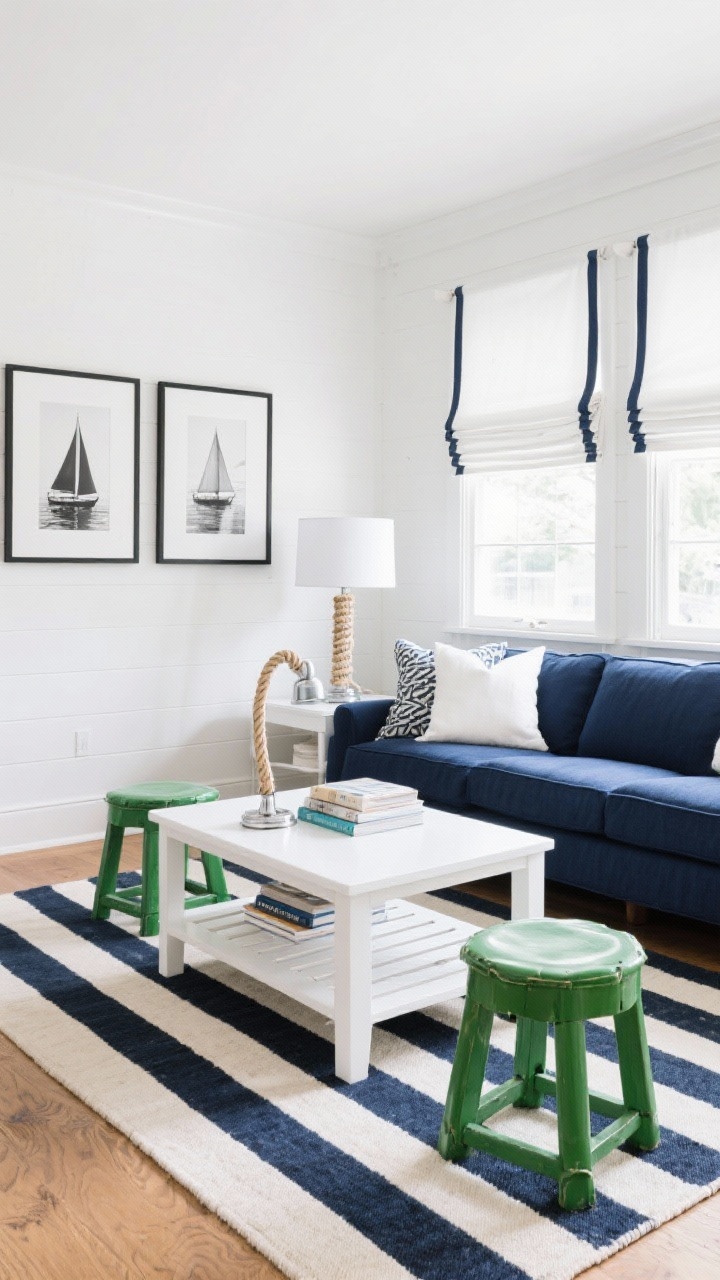 Clean, contemporary coastal corner angle: white walls, a navy performance-linen sectional, and a navy-and-cream striped flatweave rug running lengthwise; white lacquer coffee table with a slatted shelf styled with beach reads; rope-handled table lamps, polished nickel hardware; framed black-and-white sailboat photography; pop color from two kelly-green garden stools; white roman shades with navy tape trim; crisp daylight, tailored vibe, photorealistic.