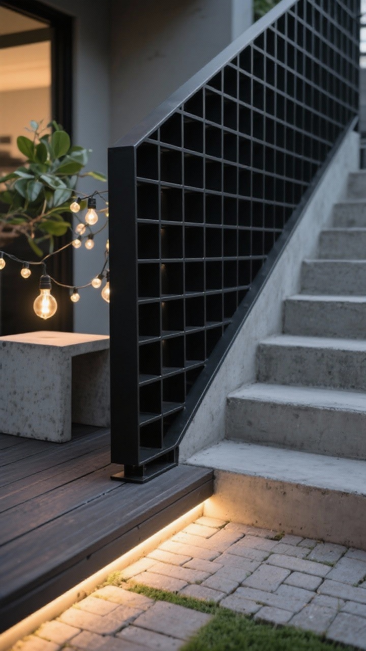 Close, angled detail shot of powder-coated black metal grid panels used as deck skirting, showing uniform square pattern and sharp industrial lines. Under-stair area paved with cement-look pavers visible in the background. A slimline LED strip glows beneath the deck edge, giving an edgy, architectural vibe. Add a hint of Edison bulb string lights and a concrete side table nearby. Color palette: black, concrete gray, eucalyptus green. Evening lighting to highlight the LED glow.