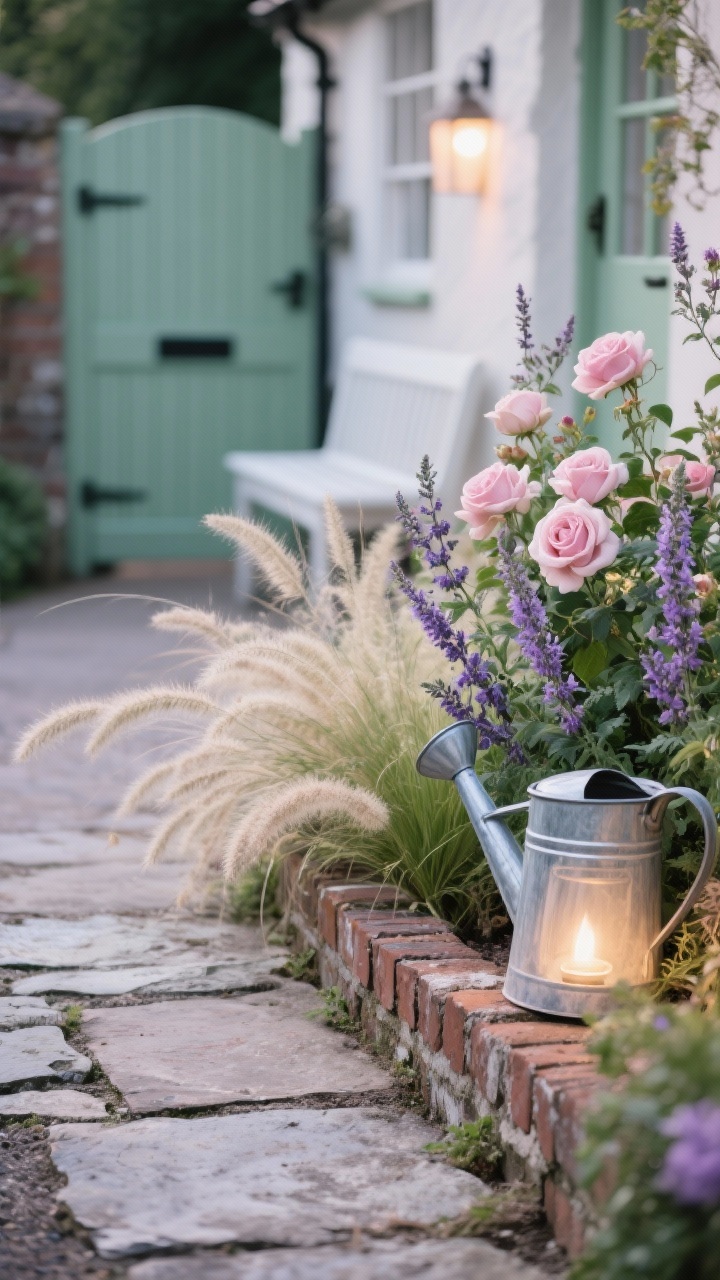 Closeup detail along a cottage pathway edge: weathered flagstones with cottage brick edging bordered by feathery Stipa tenuissima and Pennisetum ‘Fairy Tails’; interplanted catmint, salvia, and blush English roses spilling softly; a glimpse of a painted sage-green gate and white bench out of focus; galvanized watering can used as décor near the edge; soft evening lantern glow warming cream, blush, lavender, and soft green palette; dreamy texture-forward shot, photorealistic, no people.