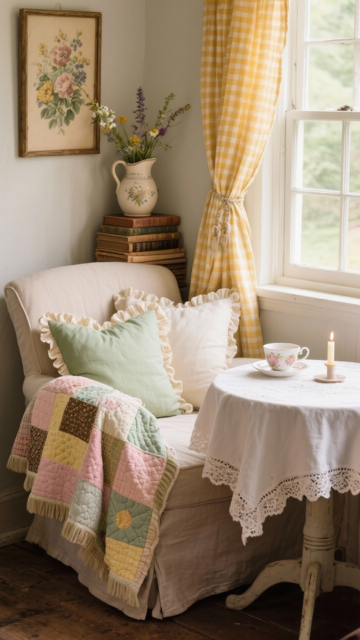 Closeup detail of a cottagecore cozy nook: slipcovered chair arm draped with a quilt or patchwork throw; ruffled/scalloped pillows in sage, blush, cream, and buttery yellow; gingham curtain softly backlit; lace-trimmed tablecloth edge on a tiny bistro table holding a teacup and candle; stacked vintage books, floral art frame corner, ceramic pitcher with wildflowers; warm, nostalgic texture emphasis, soft natural window light, photorealistic.