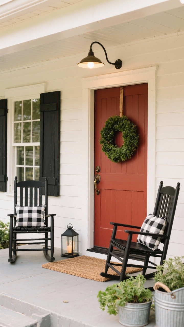 Closeup detail of Farmhouse Porch Charm vignette: warm white exterior siding with black window trim in the background, barn red door with hefty vintage-style handle, board-and-batten skirting. Two black rocking chairs with buffalo-check cushions flanking a jute doormat, classic lanterns beside the door, boxwood wreath centered on the door, galvanized accents and potted herbs clustered near the steps. Single gooseneck barn light above casting soft warm light; cozy textures, tailored farmhouse feel.