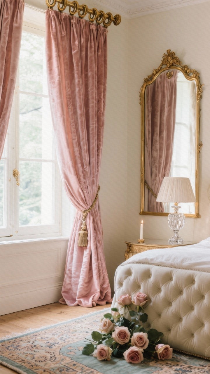 Closeup detail of Parisian Romance window: blush velvet French pinch-pleat curtains skimming the floor, draping from antiqued brass rods with decorative finials and rings; velvet catching soft afternoon light; in the reflection of nearby gilded mirrors, a hint of cream plaster walls and an ivory tufted upholstered headboard; crystal candlestick lamp glow and the edge of a Persian-style rug with faded roses and sage; intimate, Old-World elegance; shallow depth of field.