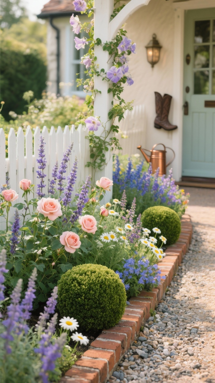 Closeup detail shot from waist height along a cottage-crafted bloom lane: curving reclaimed brick path edge with tightly clipped boxwood balls, underplanted with billows of catmint and salvia, English roses nodding over the border; interspersed daisies and verbena for a joyful spill; white picket fence in soft focus with clematis climbing an arbor post; blush, lavender, soft blue, fresh green, warm brick palette; gravel mulch visible between plants; near the door, hints of a vintage boot-scraper and copper watering can; warm afternoon light, photorealistic, romantic layering, no people.