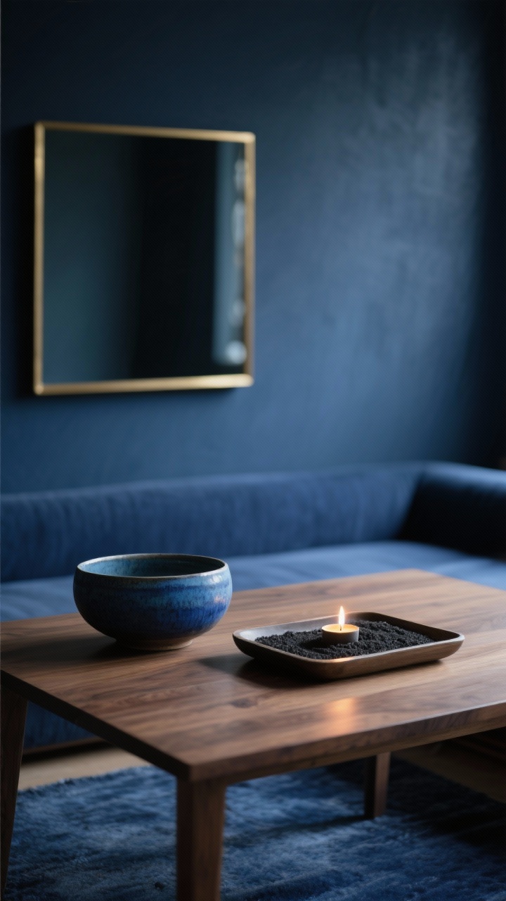 Closeup detail shot, moody lighting: Moody indigo retreat surface styling on a smoked oak meditation table set against inky indigo matte walls and a plush midnight blue rug blurred in background, tabletop includes a hand-thrown ceramic bowl in storm blue, shallow tray filled with black sand forming a miniature zen garden, and a low-profile LED tea light glowing warmly (2200–2700K), thin-brass-framed dark mirror edge catching a soft highlight, palette of indigo, slate, smoked oak, and muted brass, cocoon-like atmosphere, photorealistic.