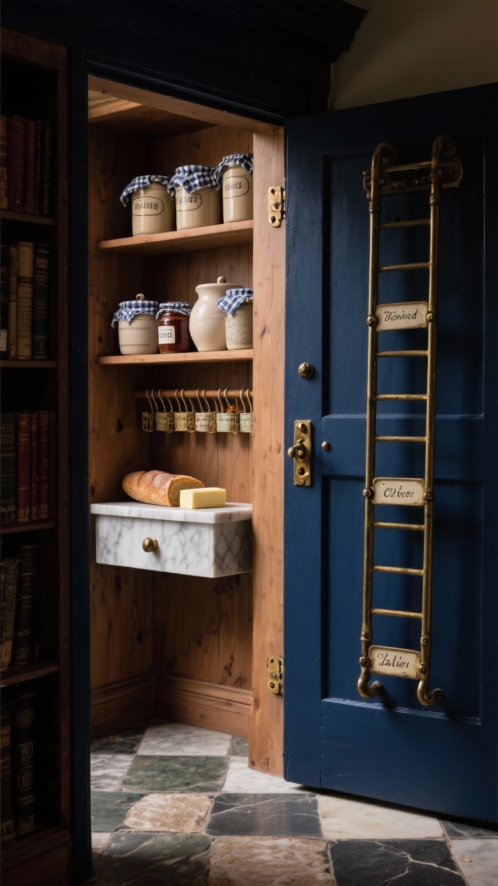 Closeup detail shot of a moody English-style larder cupboard interior: deep ink blue doors open to a maple interior with door-mounted spice racks, can shelves, and a small marble cool-shelf holding butter and bread; brass cremone bolts in focus, soft reflections from checkerboard stone flooring beyond; a library ladder rail in antique brass with hand-lettered tags on top bins; vintage jam jars, ceramic crocks, and gingham liners add old-world texture; warm, cozy, low-key lighting.