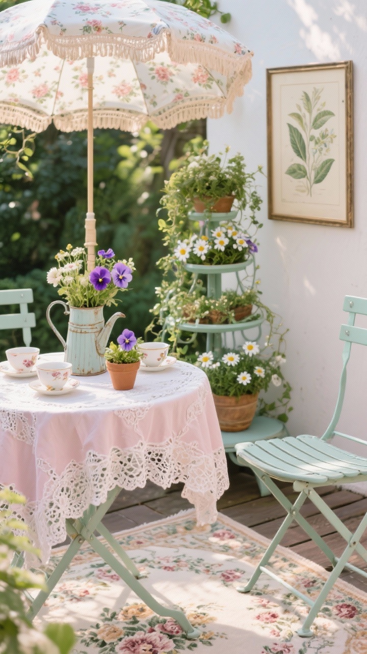 Closeup/detail shot: Vintage garden tea terrace textures and pastel hues. A curved metal bistro set in mint or blush partially visible beside a floral indoor-outdoor rug. In focus: a lace-look outdoor tablecloth draped over the table with teacups repurposed as tiny planters, a vintage watering can used as a vase holding fresh blooms. A small tiered plant stand behind shows pansies, daisies, and trailing ivy. A parasol with floral print edges casts dappled shade, and a framed botanical print sealed for outdoor use hangs nearby. Sweet, nostalgic, photorealistic.