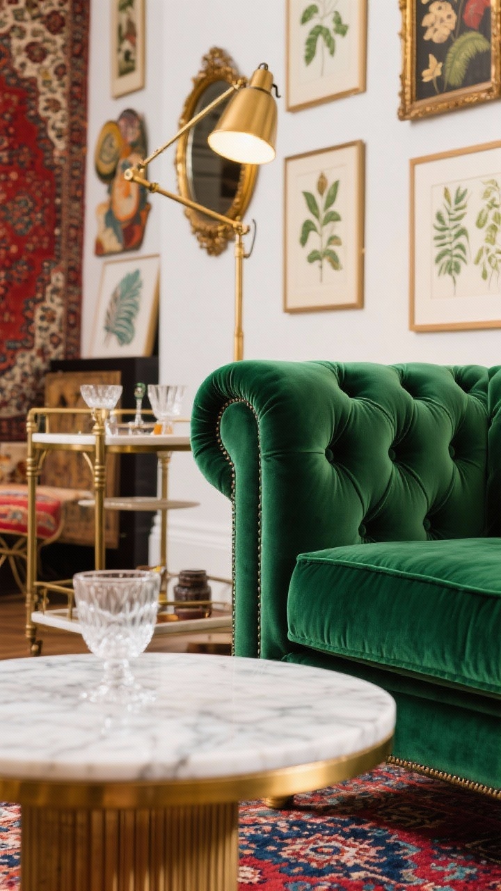Closeup detail, vintage-modern mix: focus on the corner of an emerald tufted velvet sofa showing deep button tufting and plush texture; in the foreground, a marble-topped brass coffee table with fluted brass edge holds cut glass on a small vintage bar cart nearby; blurred background reveals a vintage Persian rug in warm reds and blues and a gallery wall with botanical prints, a gold-framed mirror, and quirky flea market art; brass swing-arm sconce casts warm light; palette emerald, ruby, brass, ivory; photorealistic, glamorous and collected.