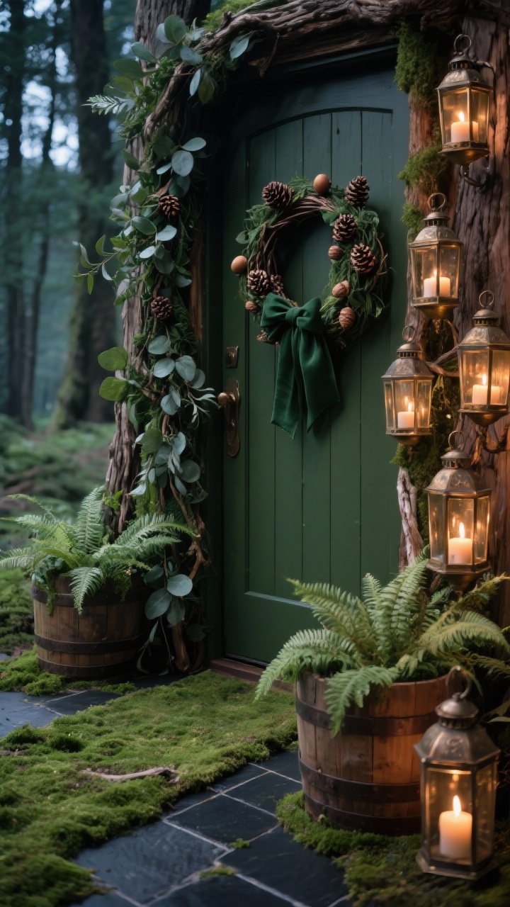 Closeup, eye-level vignette of an enchanted woodland doorway at dusk: thick cedar-and-eucalyptus garland trailing down to whiskey barrel planters filled with layered ferns and soft moss, a mossy-look runner over dark slate tiles, twig wreath on the door decorated with mini pinecones, acorns, and deep forest green ribbon, cluster of antique bronze lanterns with flickering candles creating a fairytale glow; palette of forest green, moss, bronze, and natural wood; organic shapes and textured greens; no people.