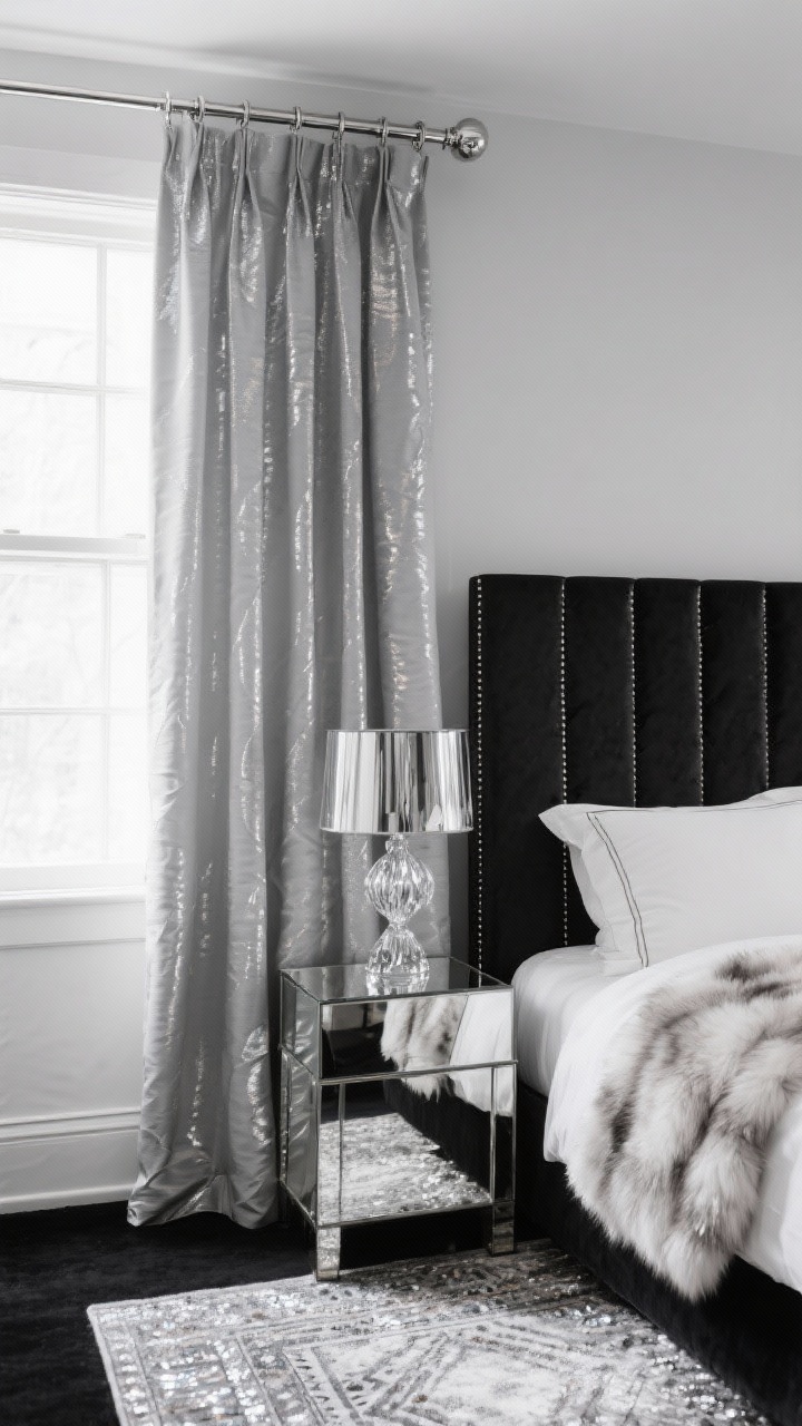 Closeup glam monochrome window and bedside: light-gray blackout-lined curtains woven with subtle metallic thread gently glowing in daylight, hung on a polished chrome rod with minimal finials; nearby black channel-tufted headboard, white sateen bedding edge, and mirrored nightstand reflecting light; crystal lamp, smoked mirror art glinting, faux-fur throw and silvery Moroccan rug texture at bottom edge; sophisticated, shimmery, high-contrast mood; tight, photoreal detail shot.