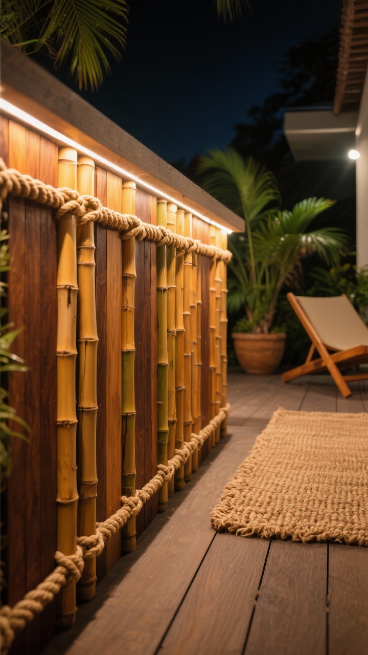 Closeup texture study of a mixed-material deck skirt: alternating bamboo poles and rope-laced sections framed in warm teak-tone boards. Subtle uplighting washes across the bamboo and rope fibers at night, revealing honey and caramel hues. Background hints of palm planters, a sisal-texture rug edge, and teak lounge chair legs. Color palette: honey, caramel, teak brown, leafy green. Nighttime mood with focused uplights.