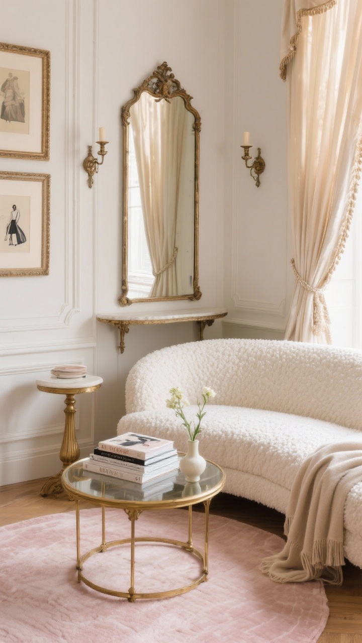 Closeup vignette, Parisian-Inspired Petite Salon: A detailed corner shot of a petite cream boucle curved sectional with a cashmere throw and silk-trimmed curtains shimmering in soft light. The round brass-and-glass coffee table holds a small stack of fashion books and a delicate bud vase, set over a soft blush rug. An antique-style mirror reflects light above a narrow console; picture-frame molding enhances the walls. Two vintage-inspired sconces in view, and a tiny pedestal side table beside the curve of the sofa. Romantic, refined, photorealistic.