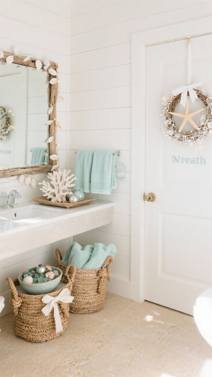 Coastal “Noel Bathroom” wide shot: white shiplap walls, sandy beige flooring, and a driftwood-framed mirror over a simple vanity. Soft coastal holiday accents: a bowl of sea-glass ornaments, a bleached coral piece on a tray, and a delicate garland of tiny white shells woven with fairy lights. Towels in soft aqua/seafoam, linen bows tied to woven seagrass baskets, rope accents, and frosted glass elements. Bright, sunlit atmosphere with gentle coastal glow. Door features a starfish “wreath” hung with white ribbon. Clean, airy, slightly elevated perspective.