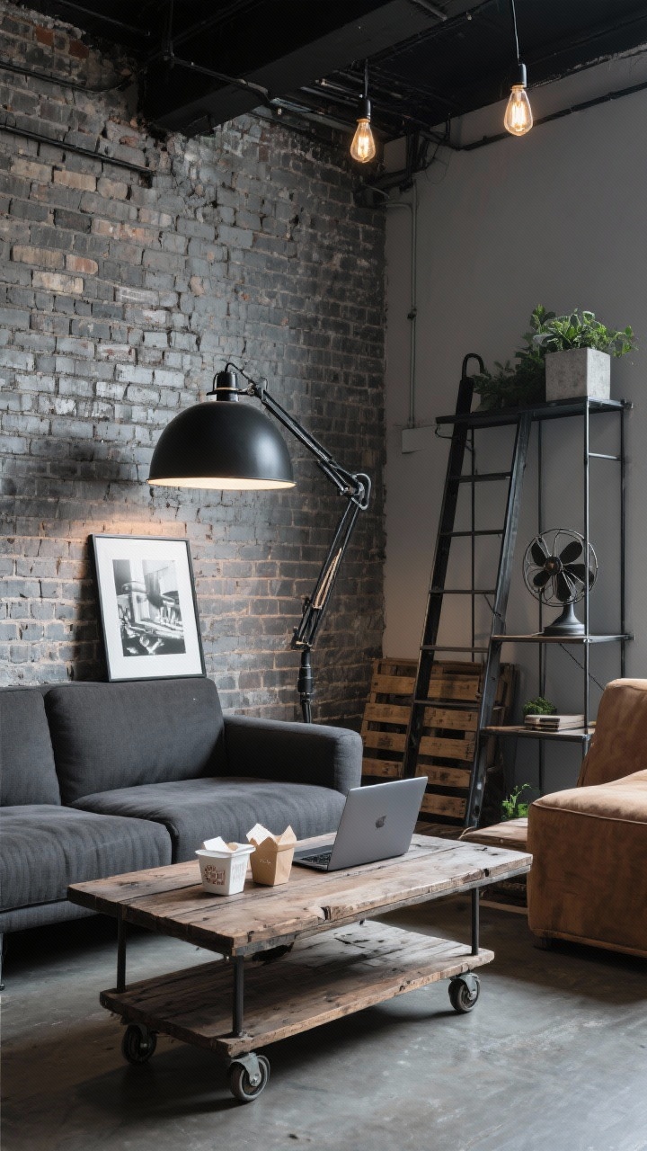 Corner angle, industrial loft scene: charcoal sectional set against an exposed brick wall; reclaimed wood coffee table on casters with takeout containers and a laptop; large black-and-white photograph leaning casually; matte-black industrial task floor lamp with a big domed shade and adjustable neck swung over the sofa, creating a focused pool of light; metal ladder shelf with plants, concrete planter, vintage fan for texture; palette brick, charcoal, black, steel; exposed filament-style LED visible in the shade; photorealistic, gritty yet polished.