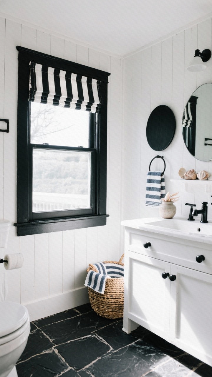 Corner angle medium shot — Coastal Crisp: Fresh monochrome bathroom wrapped in vertical white shiplap, large-format black slate floor with chalky texture, a black-painted window frame featuring a wide black-and-white striped roman shade as the hero moment, white farmhouse vanity with black cup pulls, round black mirror, woven baskets, striped Turkish towels, and a small ceramic jar of seashells; bright natural light, airy and coastal, photorealistic, no people.