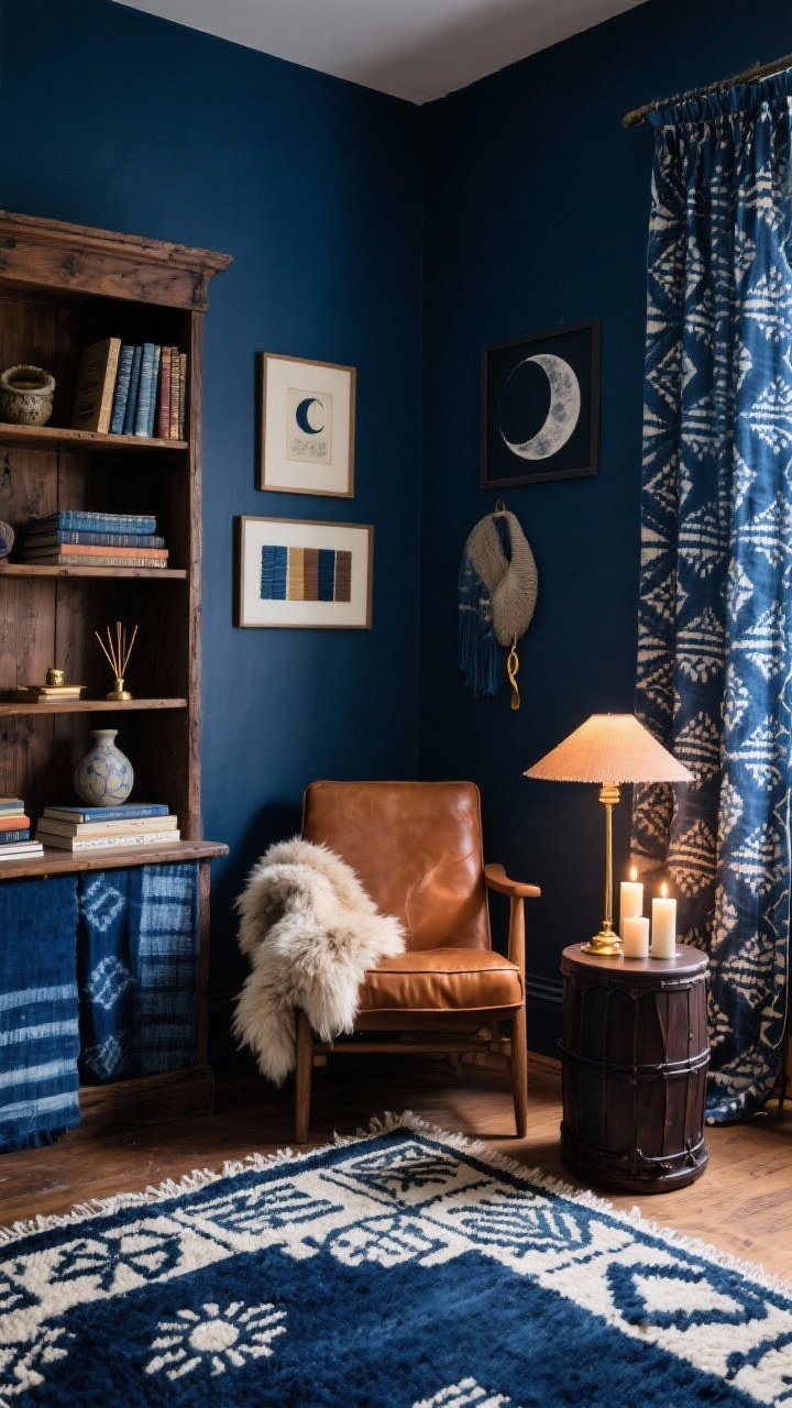Corner angle medium shot, moody boho reading nook: deep indigo accent wall behind a vintage wood bookshelf; low caramel leather chair draped with a fluffy sheepskin throw; petite dark-wood drum side table holding candles and a shaded table lamp casting warm glow; floor features a hand-knotted rug in midnight blue and cream; block-printed curtain used as a room divider partially seen; accessories include indigo-dyed textiles, ceramic incense burner, brass bookmarks; art of framed textile swatches and moon phase prints; cocoon-like, dramatic, intimate lighting.