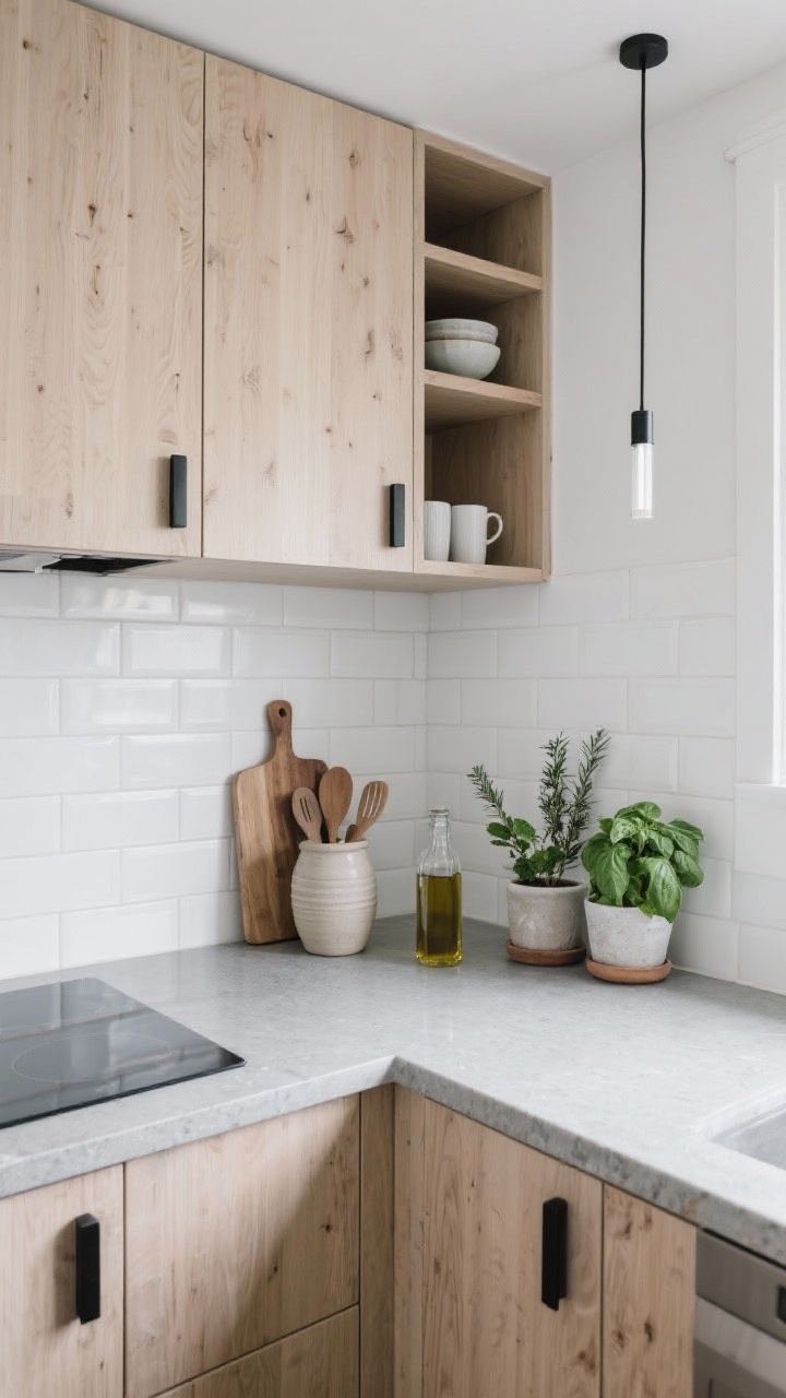 Corner-angle medium shot of a Concrete Calm Kitchenette: light wood (pale oak) cabinet fronts with matte black pulls, concrete-look quartz countertop, elongated matte white tile backsplash with tight grout lines. One upper cabinet replaced by a single floating shelf holding everyday bowls and mugs. Clear counters featuring only a ceramic utensil crock, a wood cutting board, and a small olive oil decanter. Slim linear bar light overhead. A potted herb trio—basil, rosemary, mint—adds fresh green. Clean, modern, compact cook space.