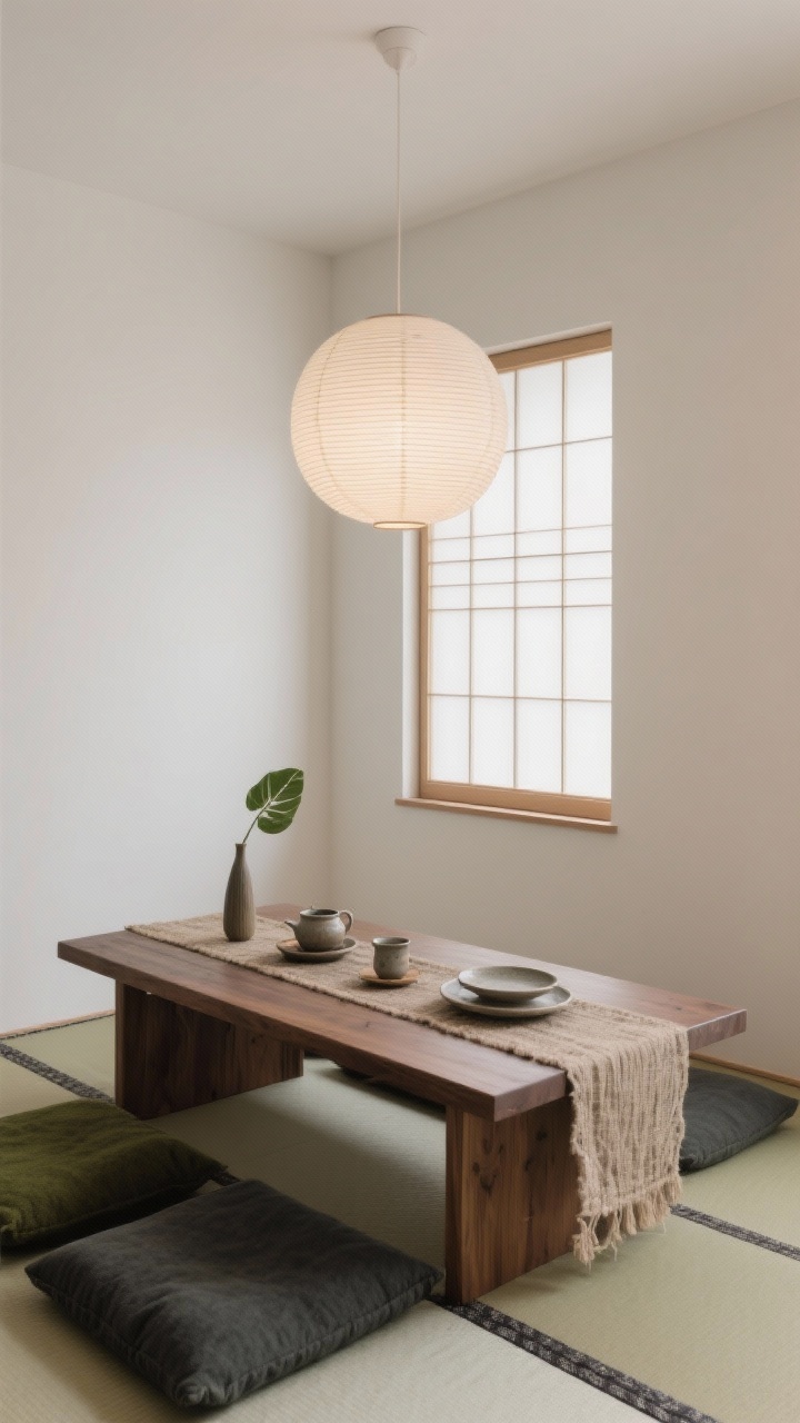 Corner-angle medium shot of a quiet tatami-inspired dining nook with a low rectangular ash table and floor cushions in charcoal or moss. Warm white walls with a single shoji-style panel filtering light. A ribbed rice-paper pendant overhead casting a soft, diffused glow. Table styling is intentional and minimal: ceramic tea set, stoneware plates, handmade flax runner, and a single leafy stem in a narrow bud vase. Calm, ritual-like mood, natural textures, photorealistic.