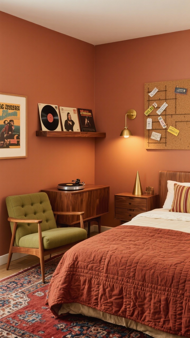 Corner-angle medium shot of a retro-record hangout: terracotta feature wall behind a warm walnut bed and matching furniture. Slim floating walnut credenza mounted on the wall holding a turntable with a few favorite albums displayed face-out. Bed dressed in a rust quilt, cream sheets, and a 70s-inspired stripe pillow. Tufted mid-century chair in avocado near a brass floor lamp; cone sconce above the bed. Persian-style rug with muted reds and blues on the floor. Framed concert posters and a DIY record wall grid. Cork pinboard with ticket stubs. Warm, cozy lighting with golden tones.