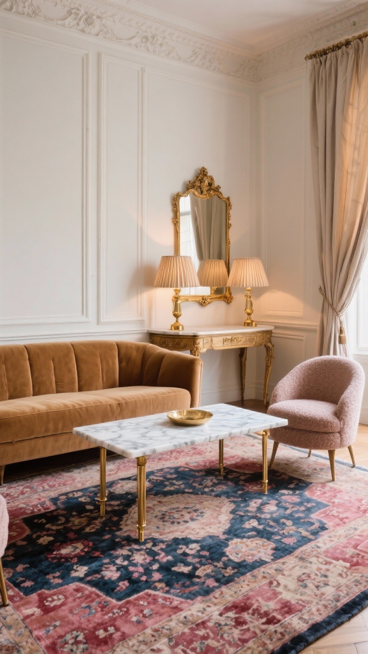 Corner-angle medium shot, Parisian chic: a faded Persian-style rug in soft cranberry, navy, and blush sets the tone. A camel velvet sofa faces a marble-topped coffee table with brass legs, flanked by a pair of rounded bouclé chairs. Walls have simple trim or crown molding; a gilded mirror above a console. Pleated lampshades on brass table lamps, silk or linen drapes pooling slightly. Warm, elegant daylight with a touch of evening glow; colors of camel, blush, navy, antique brass, marble white; photorealistic, collected and refined.