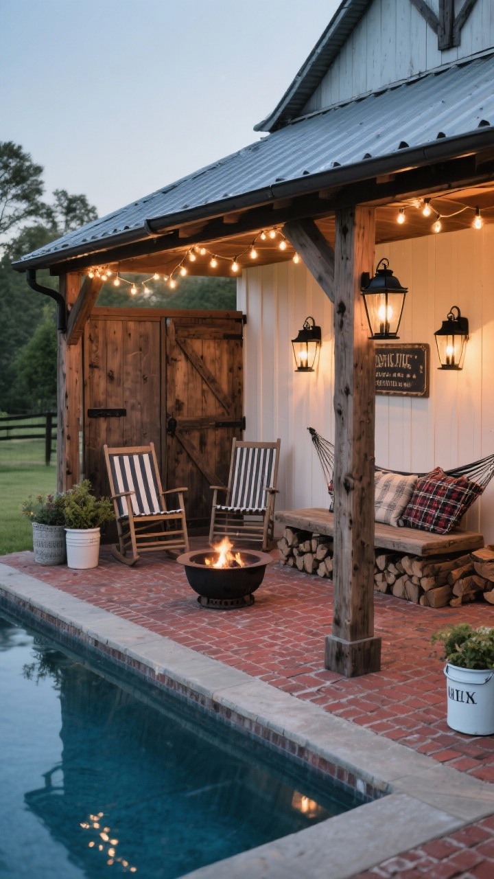 Corner-angle medium shot, Rustic Barn-Inspired Pool Porch: A wraparound porch platform around the pool with reclaimed wood posts, a metal roof awning, and board-and-batten skirting. Black metal lantern sconces glow warmly, Edison string lights zigzag under the awning, and a sliding barn-style privacy screen adds farmhouse charm. Seating includes outdoor rocking chairs, a striped hammock, and a chunky farmhouse bench with plaid cushions. A brick paver hearth holds a compact smokeless fire pit; enamelware planters, vintage signs, and stacked firewood style the scene. Palette of weathered oak, black metal, brick red, creamy white; cozy evening light, no people.