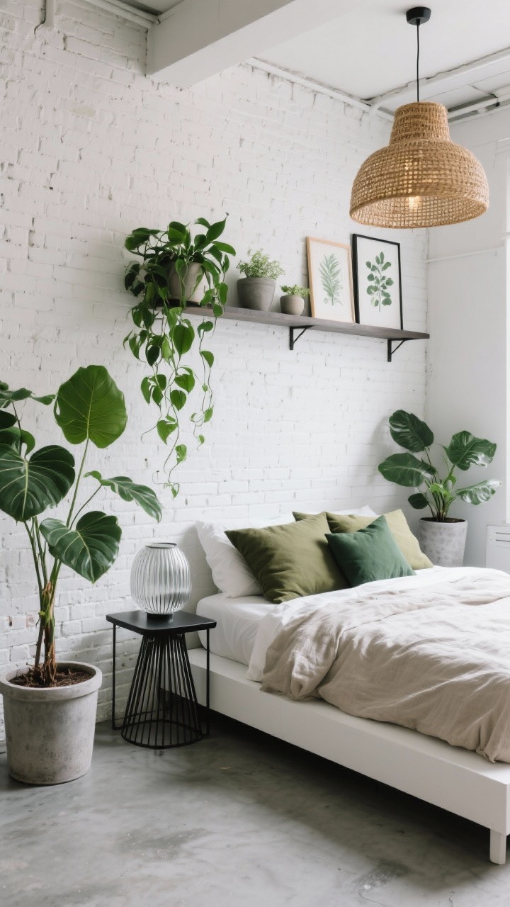 Corner angle medium shot: Urban loft bedroom with white brick walls and concrete gray floors; simple white platform bed dressed in a linen duvet; piled olive and forest-green pillows; pedestal planters on each side, a tall fiddle-leaf fig, and a trailing monstera cascading from a shelf; black metal side table with a ribbed glass lamp; woven pendant overhead casting warm texture; concrete pots and botanical prints completing the airy, greenery-focused scene.