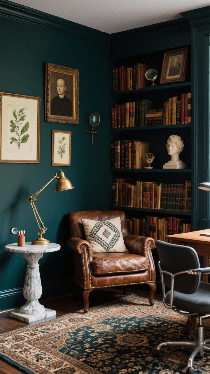 Corner angle medium shot, Vintage Academic Chic reading nook: deep olive or inky navy painted walls, dark wood bookcases stacked with books, leather club chair with a needlepoint pillow, brass pharmacy lamp arcing over a marble-topped side table; vintage Persian rug underfoot; shelves styled with framed portraits and botanical prints, accents like magnifying glass, match striker, and a ceramic bust; mix of old and new with a modern desk chair near a Victorian pedestal table; moody, warm, library atmosphere, photorealistic, no people.