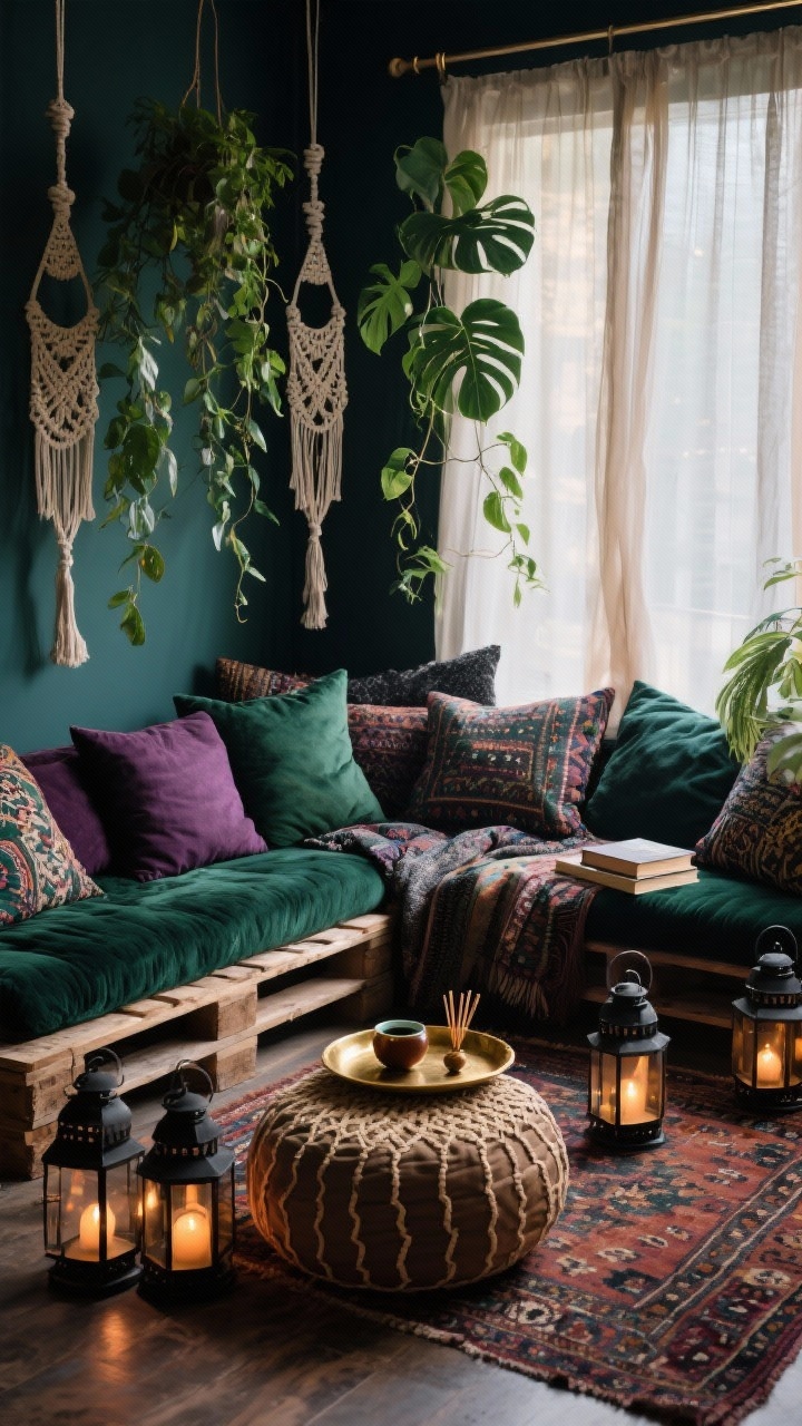 Corner angle, moody medium-wide: A lush boho lounge with deep jewel tones—emerald, plum, and charcoal. A low pallet sofa piled with layered floor cushions and patterned pillows, overlapping Moroccan-style rugs adding depth. A woven pouf in front and a cluster of black metal lanterns glowing softly. Macramé hangers with philodendron and pothos cascade from above. A brass tray on the pallet platform with tea, a book, and incense. Sheer curtains on a tension rod filter light, creating a smoldering, cozy atmosphere, photorealistic.