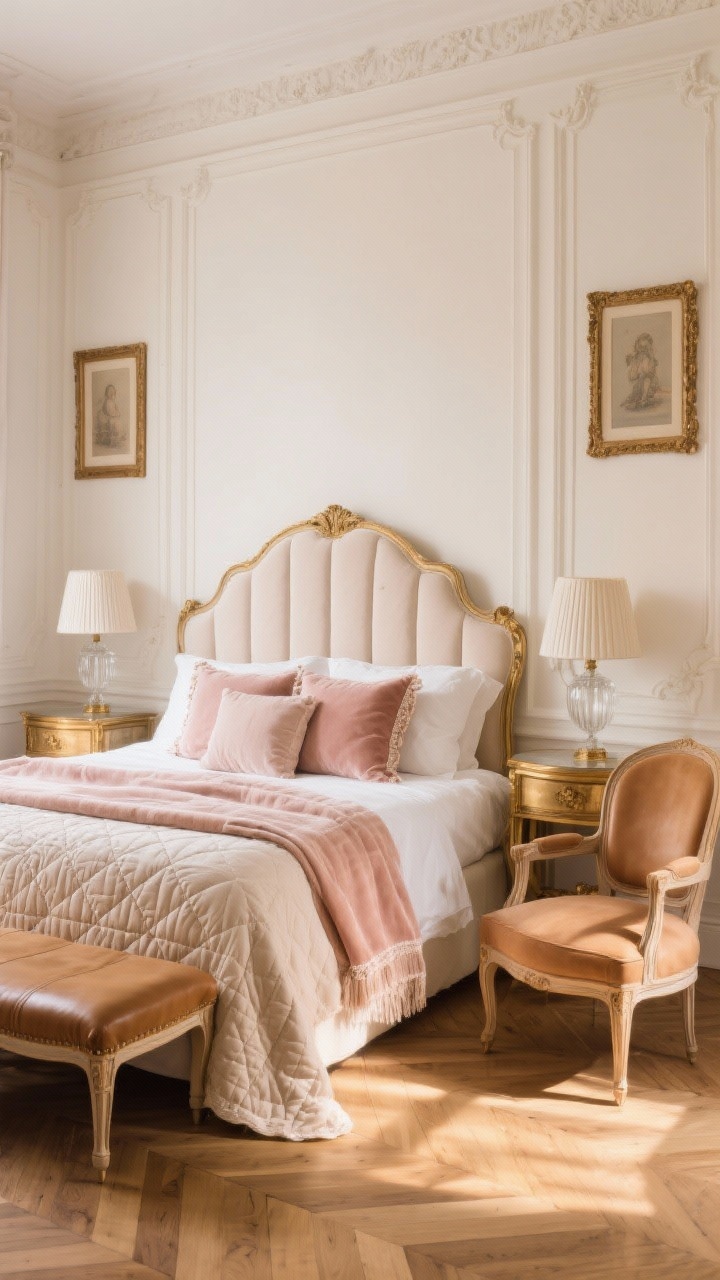 Corner angle, Parisian-romantic bedroom: cream walls with picture-frame moulding; curvy antique-style headboard upholstered in a light tone; textiles bring blush—velvet throw, trimmed pillows, quilted coverlet layered on the bed; camel leather bench at the foot, vintage chair in camel leather; fluted glass lamps on nightstands, gilded frames with soft gold accents; herringbone wood floor visible; gentle golden-hour light for soft, chic ambiance, photorealistic.