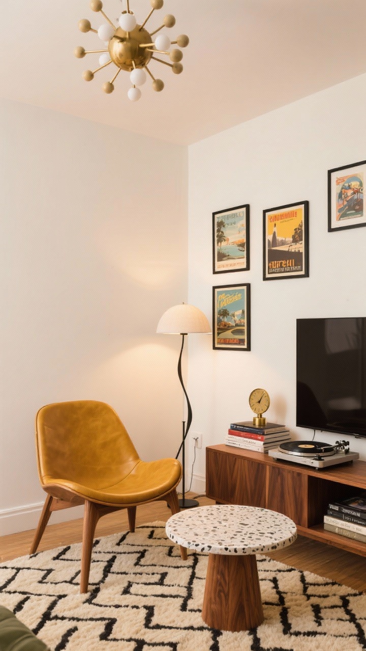 Corner angle, retro-cool den with warm white walls; mustard leather accent chair with sculptural silhouette and tapered walnut legs; slim walnut media console; Sputnik-style ceiling light; geometric cream-and-black rug; low round terrazzo side table beside the chair; sculpted floor lamp with dome shade; gallery wall of vintage travel posters in simple black frames; stacked design books, brass tabletop clock, and a record player with displayed vinyl; balanced ambient and lamp lighting, photorealistic, no people.
