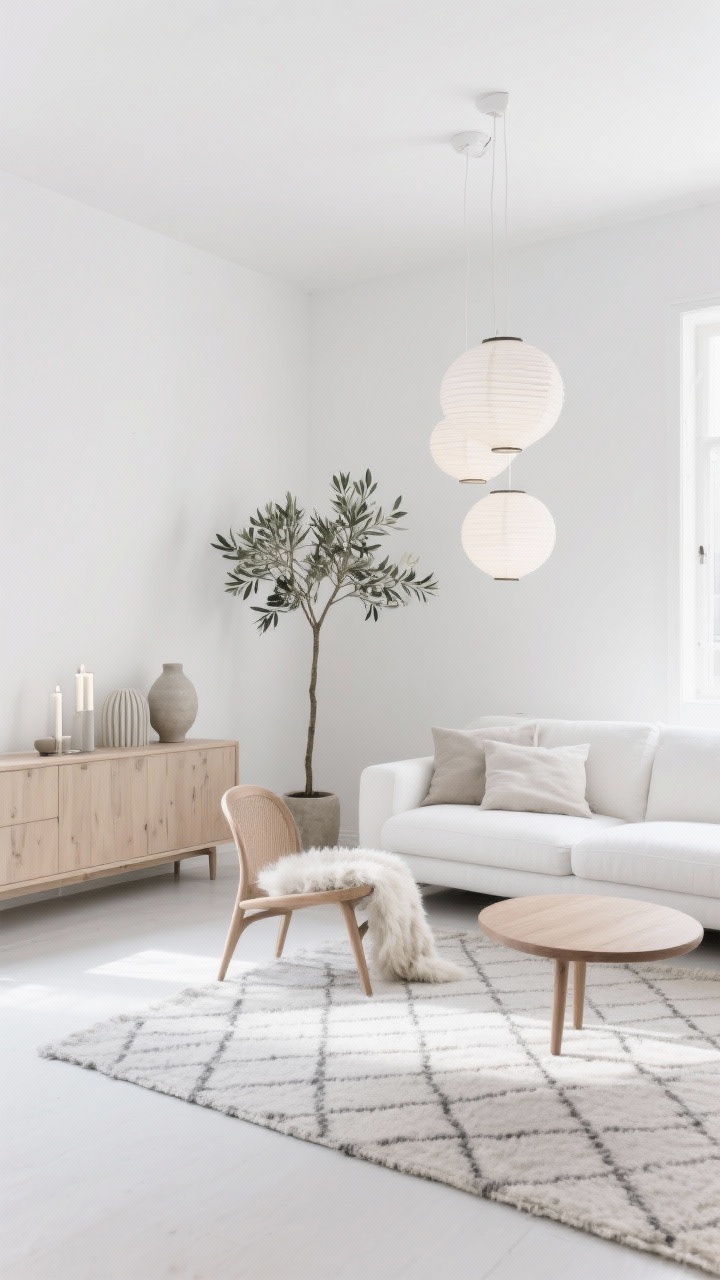 Corner angle, Scandinavian Snowfall minimal living room: matte white walls, clean-lined white sofa, pale oak sideboard, rounded maple coffee table; plenty of negative space; flatwoven wool rug with micro-diamond pattern; a bentwood chair draped with a sheepskin throw; single tall plant (olive tree or fiddle leaf) for life; paper lantern pendants providing diffused sunlit glow; accents of stoneware vases, ribbed candles, linen cushions; palette of white, pale wood, soft gray; bright natural daylight; photorealistic, no people.