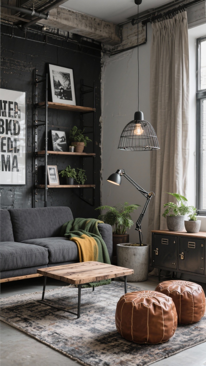 Corner angle, urban industrial softened: charcoal fabric sofa; blackened steel shelving unit styled with black-and-white photography and bold typography art; reclaimed wood coffee table with visible grain; anglepoise floor lamp and a wire-cage pendant for functional lighting; plush rug and linen curtains softening the scene; a pair of caramel leather poufs; concrete-look planters with greenery; finishes of black steel and weathered wood; muted mustard or forest green throw as a restrained accent; optional metal lockers or riveted sideboard for storage; cozy loft vibe, photorealistic.