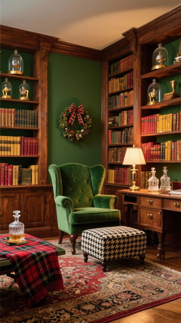 Corner-angle wide shot, classic tartan library: warm walnut bookcases filled with books, small wreaths hung with tartan ribbon, glass cloches displaying vintage ornaments, brass bookends; green velvet wingback chair and a tartan ottoman used as a coffee table; layered Persian-style rug underfoot, plaid throws in red tartan and Blackwatch plus a subtle houndstooth accent; banker’s lamp on a side table and a crystal decanter set; color palette forest green, oxblood, mustard gold, walnut; lamplight glow, old-world study vibe, photorealistic.