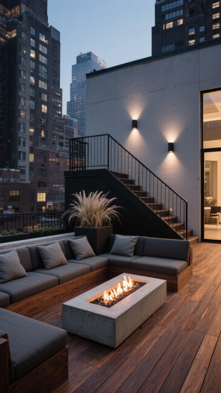 Corner angle wide shot, modern rooftop-style deck in deep espresso semi-solid stain on ipe/mahogany with smooth dense grain: low-profile charcoal modular seating with slate-gray cushions around a rectangular concrete fire pit; single long planter with sculptural ornamental grasses; black metal railings; recessed stair lights and sleek up/down wall sconces create moody, city-chic evening ambience; gallery-level polished look, photorealistic.