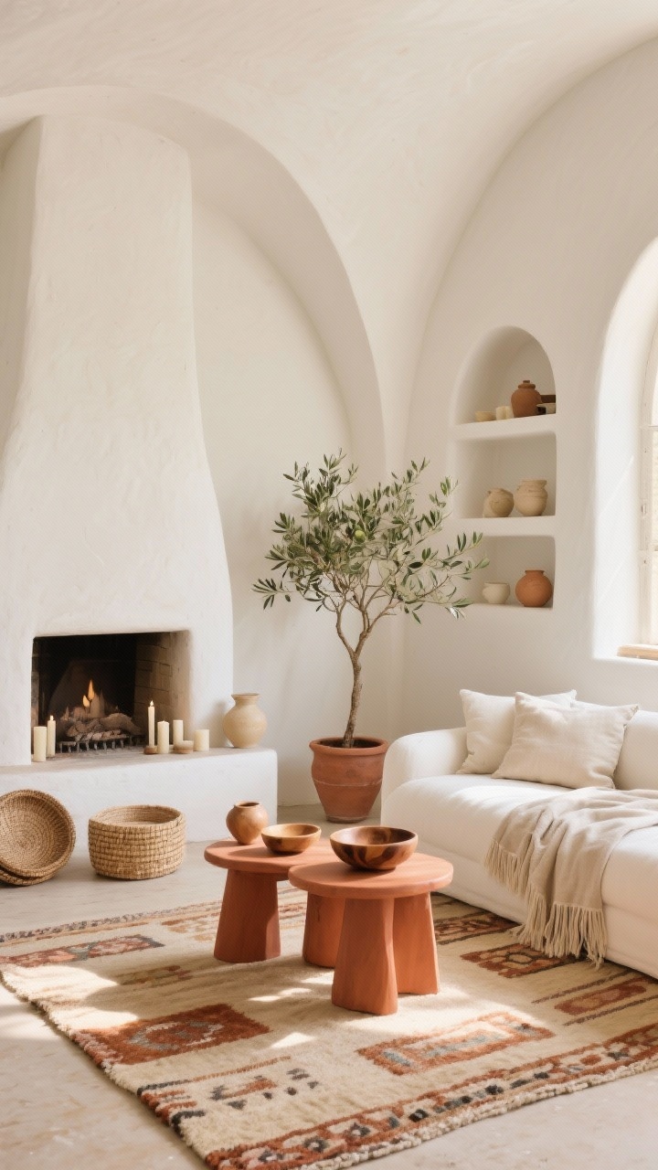 Corner angle wide shot, Sunwashed Mediterranean: soft white plaster-effect walls with rounded architecture—arched niche and curved shelving; low sculptural white sofa; terracotta side tables adding warmth; flatweave kilim rug in sand and rust tones; accessories of olive wood bowls, woven trays, cream pottery; limewashed fireplace or focal niche styled with candles and ceramics; textiles include stonewashed linen throws and fringed pillows; olive tree in a clay pot; chalky white, terracotta, sun-baked beige palette under warm, sunwashed light; photorealistic, no people.