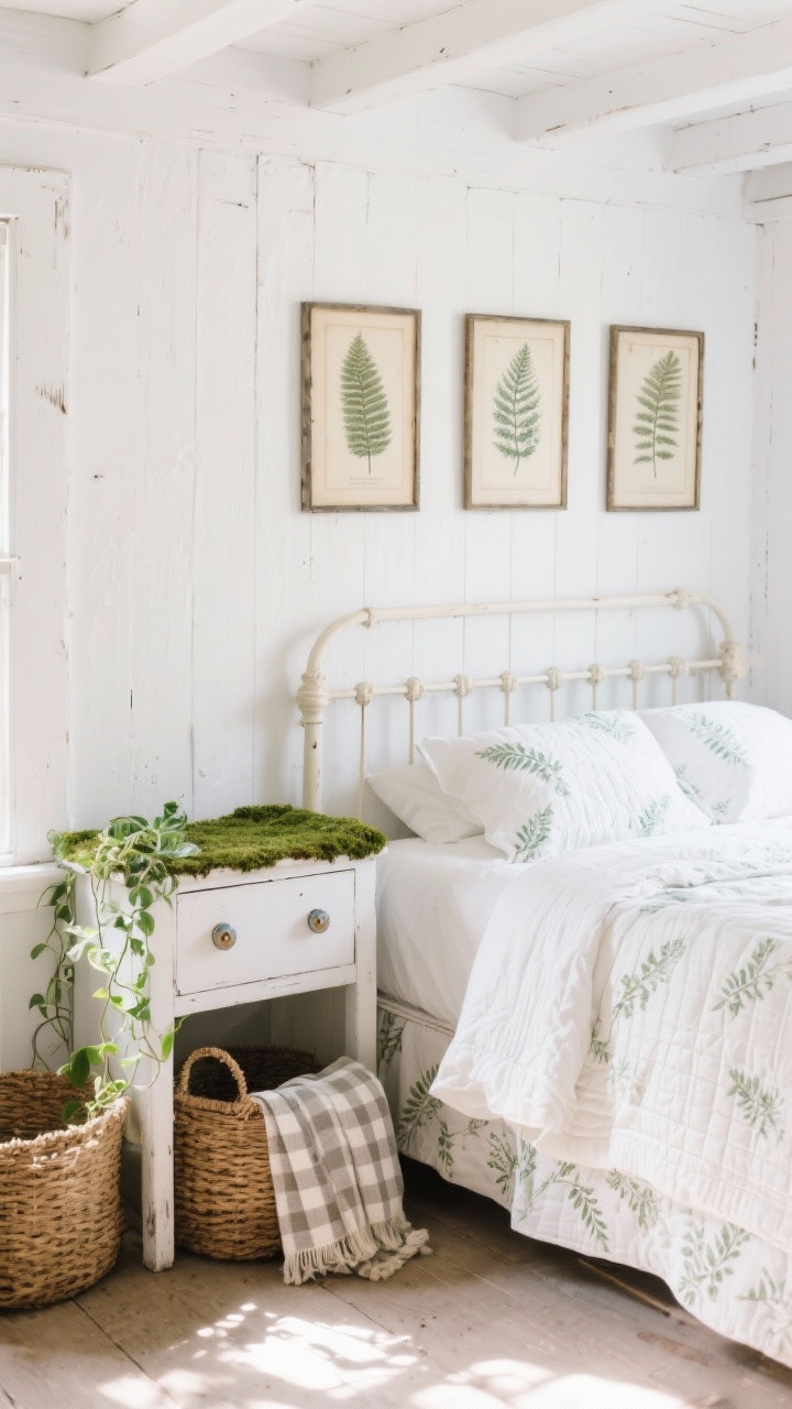 Corner medium shot: A crisp white-walled cottage bedroom featuring a whitewashed wood bed frame layered with white quilts and soft leafy-patterned textiles; a moss-painted nightstand and small white dresser with ceramic knobs; trio of framed vintage fern illustrations above the bed; woven baskets tucked beneath and a trailing pothos on the dresser; a folded gingham throw at the foot; gentle sun-dappled light, weathered wood textures, and a charming botanical feel.