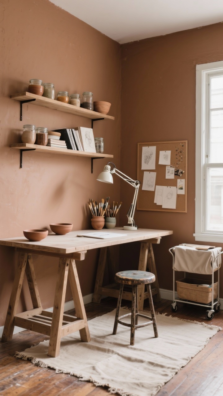 Corner medium shot, Earthy Clay & Canvas Creative Den: A simple trestle worktable with an adjustable task lamp, set over a canvas drop cloth rug on the floor, against a clay-toned wall. Open shelving with ceramic glazes, sketchbooks, and tidy jars of brushes. A vintage stool and a rolling storage cart with washable slipcovers nearby. A pinboard for inspiration and a few earthenware bowls on the table. Lighting: soft north-facing daylight with an added clamp lamp for detail work. Palette: clay, cinnamon, raw canvas, soot. Photorealistic, studio clarity.