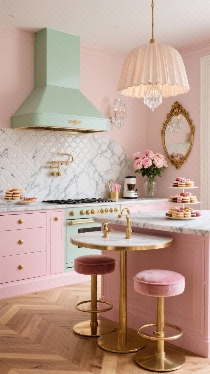Corner medium shot, Parisian Candy Shop Glam: blush-pink cabinets trimmed in delicate antique brass, Calacatta marble countertops with dramatic veining; mint-green range hood over an ivory fish-scale backsplash with swoon-worthy curves; parquet floors in classic pattern; petite café table with two seats; petite brass knobs and vintage-style taps; lighting includes a pleated silk shade over the island and a crystal sconce by the coffee station; velvet counter stools with brass footrests; styled with stacked pastry stands, a vase of peonies, and a gilded mirror leaned casually; warm, Parisian glow, photorealistic.