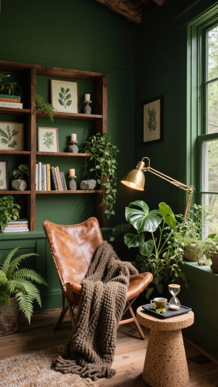Cozy corner medium shot: Forest retreat reading room painted deep moss, with a walnut bookcase filled with botanical prints and stone candleholders; leather sling chair by a window, draped with a heavy chunky knit blanket, a cork stool side table holding a slate tray with herbal tea and a sand timer; plants layered—ferns, ivy, rubber tree—enhancing woodland mood; adjustable brass reading lamp focused on chair plus soft uplight highlighting plants; rich green and walnut tones, photorealistic.