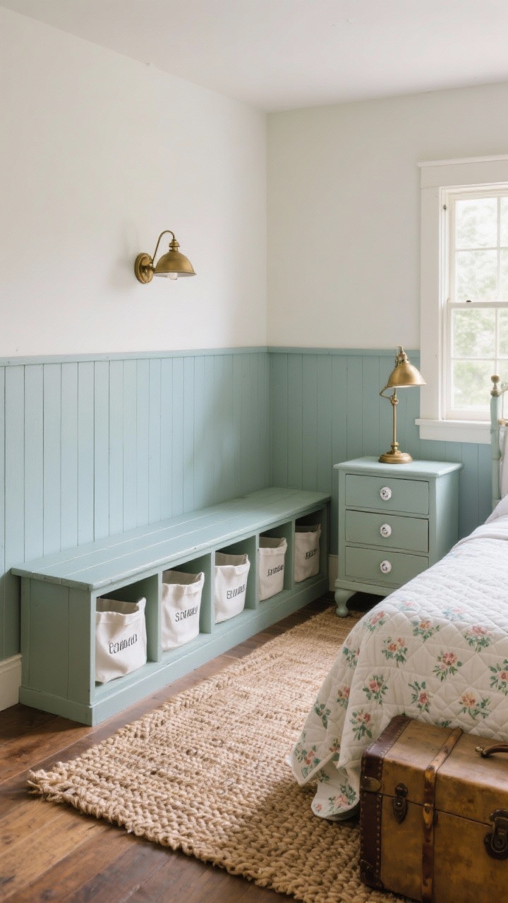 Cozy corner wide shot with cottage charm: painted wood bench in soft sage (or dusty blue) with Shaker-style open cubbies fitted with white canvas bins, each labeled; beadboard walls behind; bed dressed with a quilted micro-floral coverlet; brass schoolhouse lamps; braided jute rug grounding the space; nearby dresser with porcelain knobs and a vintage trunk off to the side; warm, inviting daylight, photorealistic.