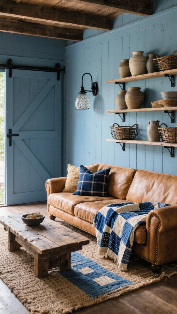 Cozy medium-wide farmhouse scene with a denim-blue shiplap feature wall; deep-seat camel leather sofa facing a chunky reclaimed-wood coffee table; textiles layered: patchwork indigo quilt draped over the arm, plaid pillows in navy and wheat, a jute rug with a faded blue vintage runner layered on top; open shelving holding stoneware crocks and wire baskets; black metal sconces with seeded glass shades; a dusty blue barn-style sliding door; warm, lived-in lighting, photorealistic.