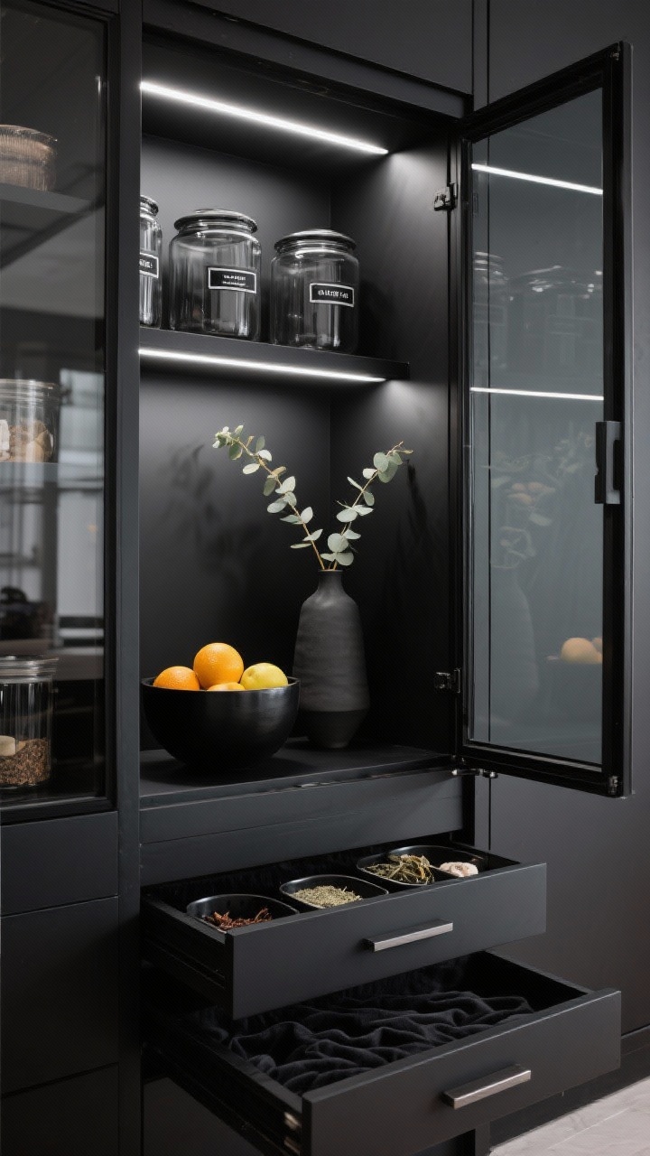 Detail closeup — A dramatic modern black-and-glass showcase pantry captured at a slight corner angle: matte black framed glass doors open to reveal LED-lit shelves. Focus on smoked glass canisters and charcoal ceramic jars with minimal monochrome labels, plus low black metal bins corralling odd-shaped items. Include a glimpse of push-to-open drawers with black velvet liners housing teas and spices. Add a matte black fruit bowl with bright citrus and a single eucalyptus stem in a tall vase for restrained color pops. Mood: sleek, gallery-like, photorealistic.